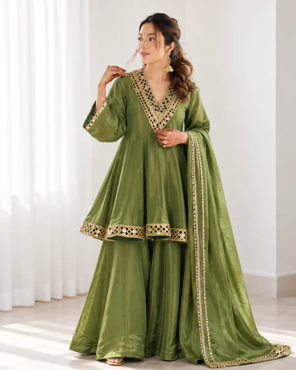Olive_Green_Real_Mirror_Work_Pure_Chinon_Silk_Sharara_Set