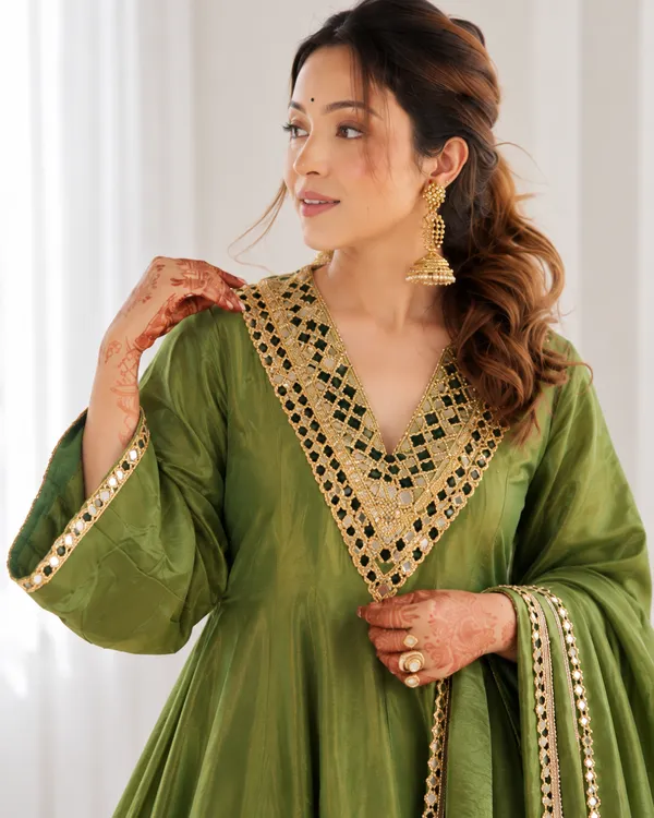 Olive_Green_Real_Mirror_Work_Pure_Chinon_Silk_Sharara_Set