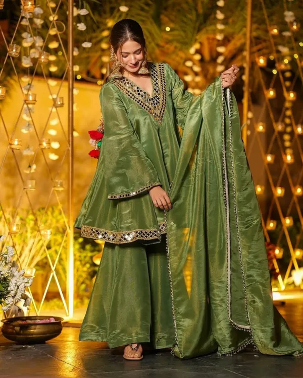 Olive_Green_Real_Mirror_Work_Pure_Chinon_Silk_Sharara_Set