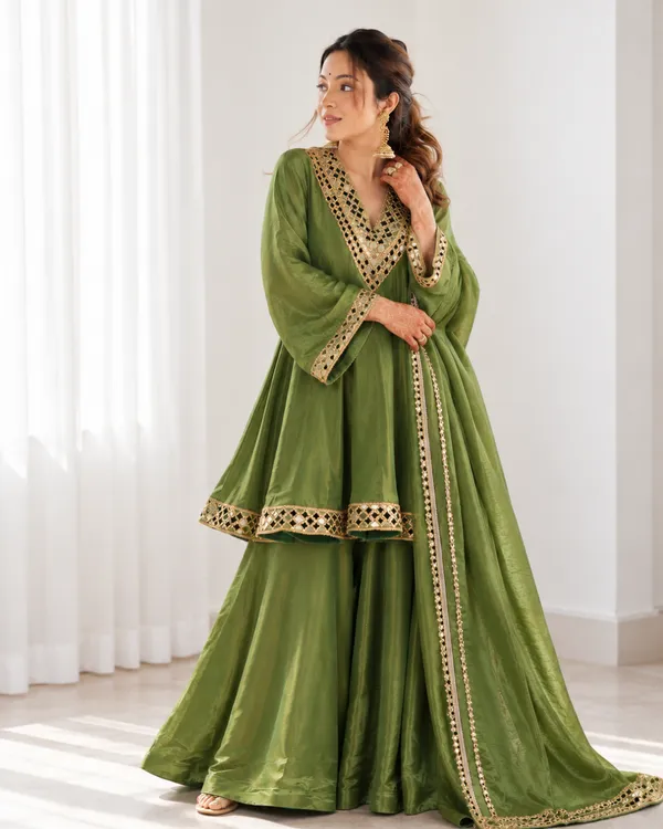 Olive_Green_Real_Mirror_Work_Pure_Chinon_Silk_Sharara_Set