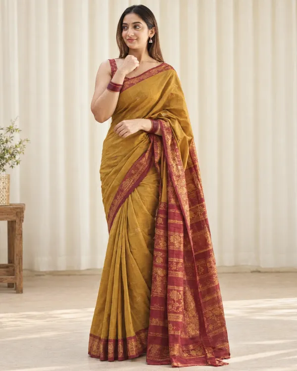 Mustard_Maroon_Lichi_Silk_Saree_Default_Title