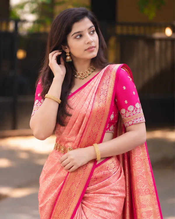 Peach_Magenta_Lichi_Silk_Saree_Default_Title