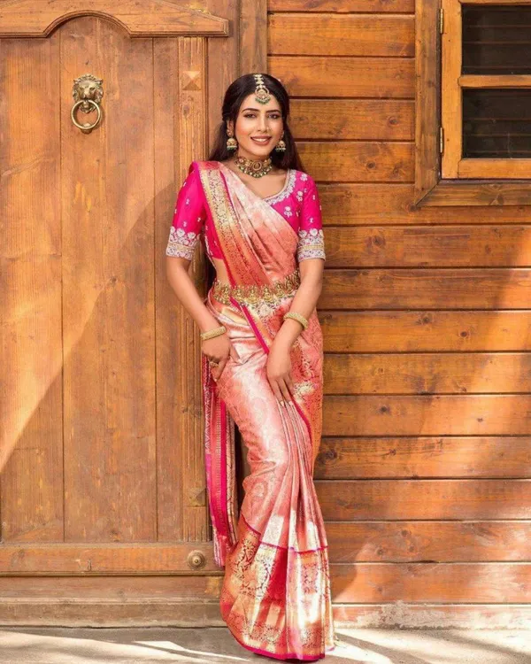 Peach_Magenta_Lichi_Silk_Saree_Default_Title