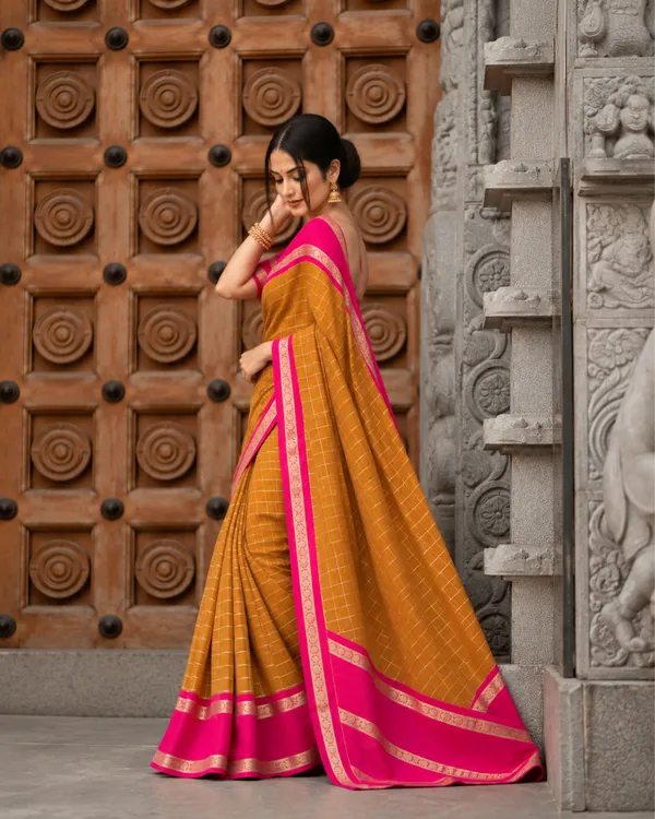 Mustard_Checkered_Lichi_Silk_Saree_Default_Title
