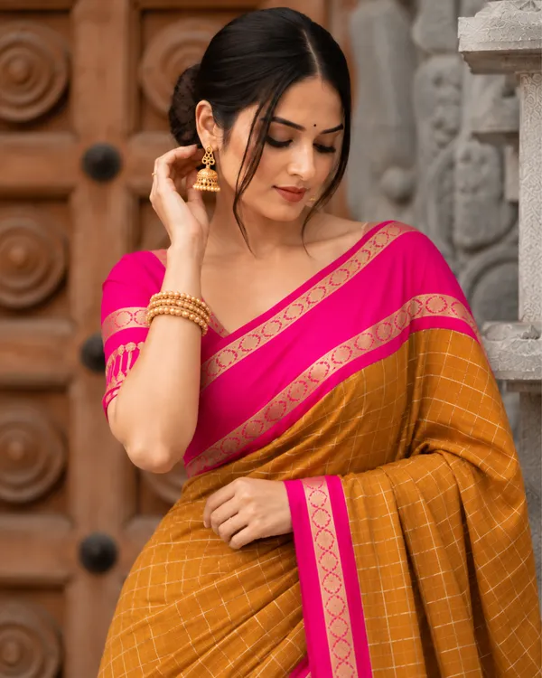 Mustard_Checkered_Lichi_Silk_Saree_Default_Title