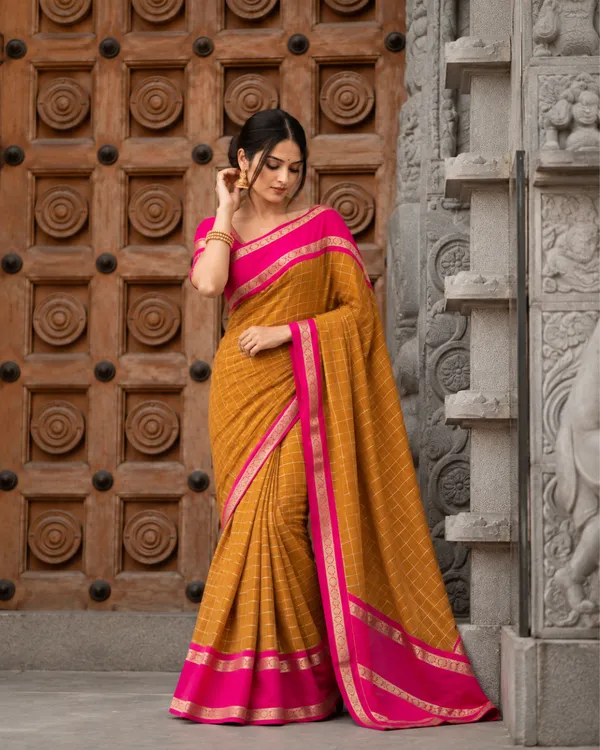 Mustard_Checkered_Lichi_Silk_Saree_Default_Title
