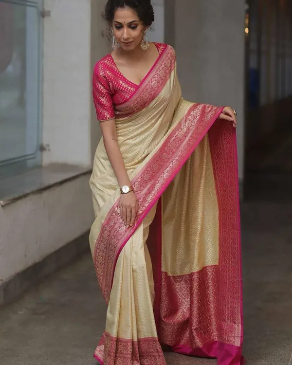 Cream_Rose_Floral_Lichi_Silk_Saree_Default_Title