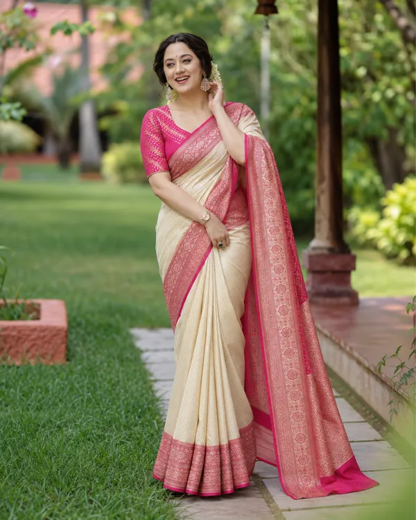 Cream_Rose_Floral_Lichi_Silk_Saree_Default_Title