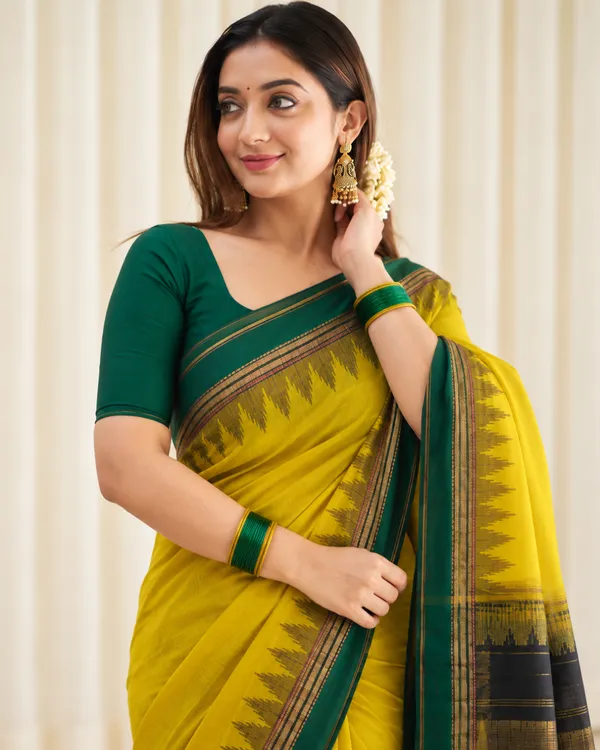 Yellow_Green_Temple_Silk_Saree_Default_Title