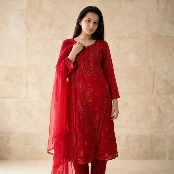 Red_Chikankari_Kurti_Set_With_Dupatta_For_Women