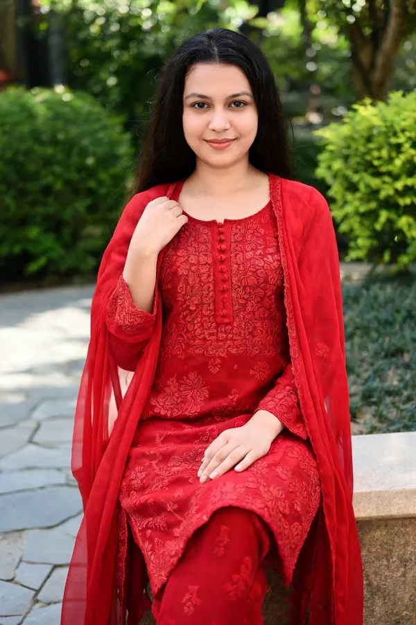 Red_Chikankari_Kurti_Set_With_Dupatta_For_Women