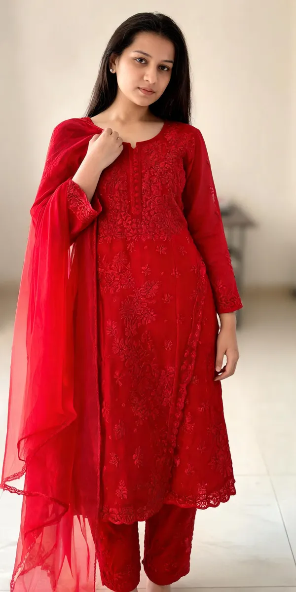 Red_Chikankari_Kurti_Set_With_Dupatta_For_Women