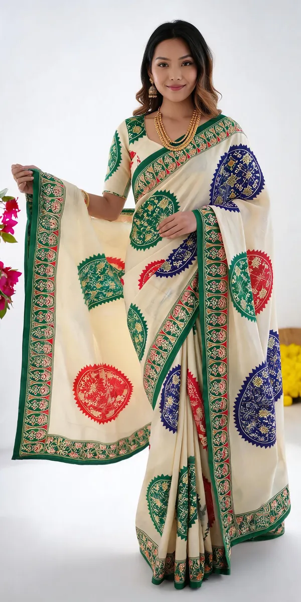 Ivory_White_&_Emerald_Green_Pure_Modal_Silk_Saree_with_Multicolor_Mandala_Print_&_Heritage_Designer_Pallu