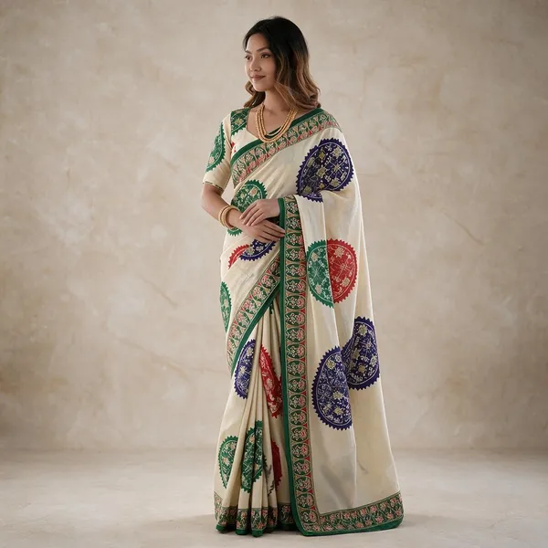 Ivory_White_&_Emerald_Green_Pure_Modal_Silk_Saree_with_Multicolor_Mandala_Print_&_Heritage_Designer_Pallu