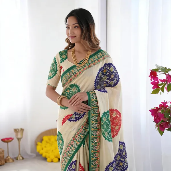 Ivory_White_&_Emerald_Green_Pure_Modal_Silk_Saree_with_Multicolor_Mandala_Print_&_Heritage_Designer_Pallu