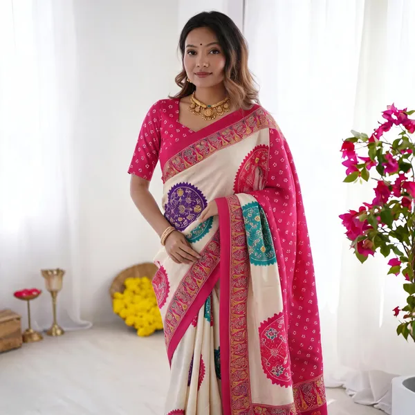 Ivory_White_&_Rani_Pink_Pure_Modal_Silk_Saree_with_Multicolor_Mandala_Print_&_Heritage_Designer_Pallu
