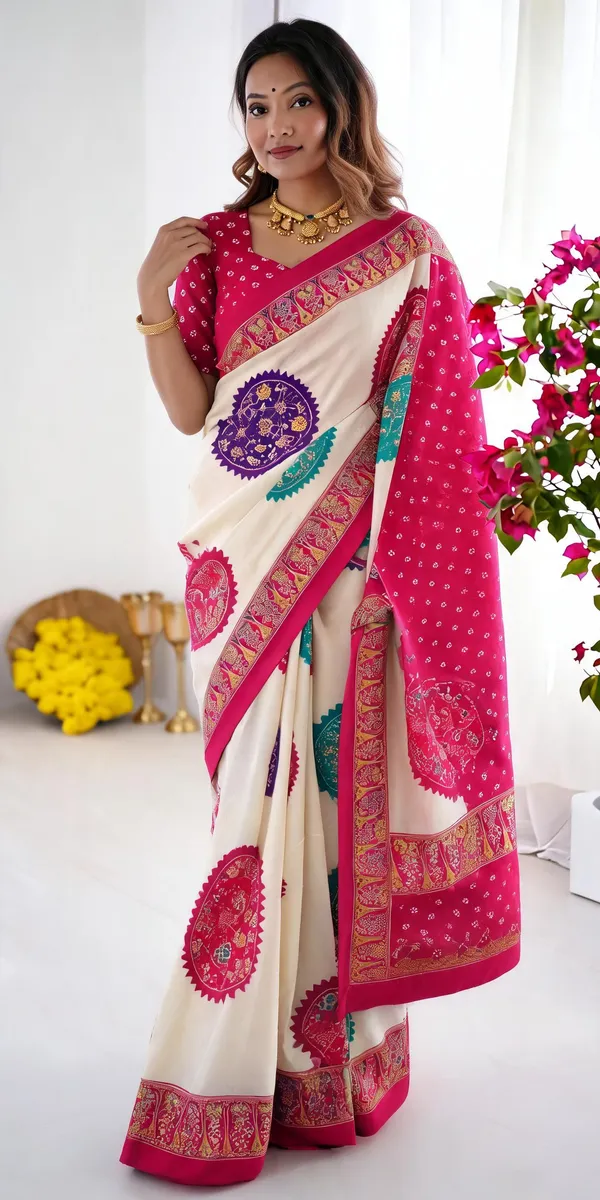 Ivory_White_&_Rani_Pink_Pure_Modal_Silk_Saree_with_Multicolor_Mandala_Print_&_Heritage_Designer_Pallu