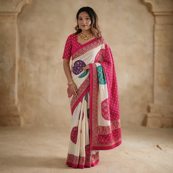 Ivory_White_&_Rani_Pink_Pure_Modal_Silk_Saree_with_Multicolor_Mandala_Print_&_Heritage_Designer_Pallu
