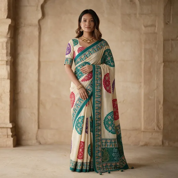 Ivory_White_&_Turquoise_Blue_Pure_Modal_Silk_Saree_with_Multicolor_Mandala_Print_&_Heritage_Designer_Pallu