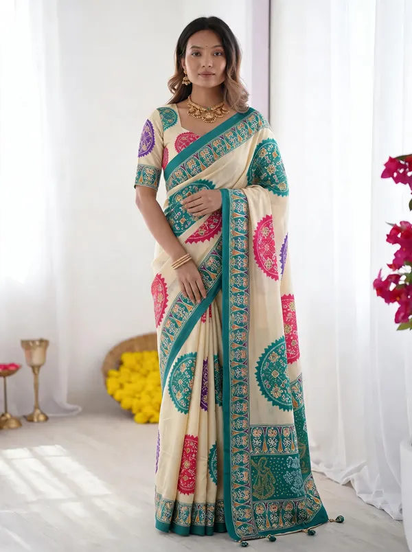 Ivory_White_&_Turquoise_Blue_Pure_Modal_Silk_Saree_with_Multicolor_Mandala_Print_&_Heritage_Designer_Pallu