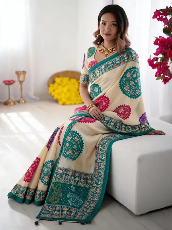 Ivory_White_&_Turquoise_Blue_Pure_Modal_Silk_Saree_with_Multicolor_Mandala_Print_&_Heritage_Designer_Pallu