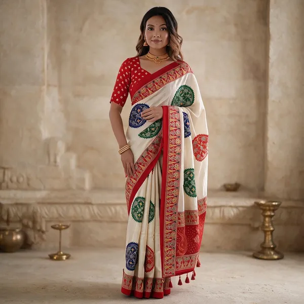 Ivory_White_&_Vermilion_Red_Pure_Modal_Silk_Saree_with_Multicolor_Mandala_Print_&_Traditional_Designer_Pallu