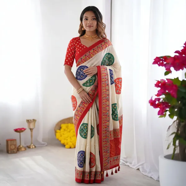 Ivory_White_&_Vermilion_Red_Pure_Modal_Silk_Saree_with_Multicolor_Mandala_Print_&_Traditional_Designer_Pallu