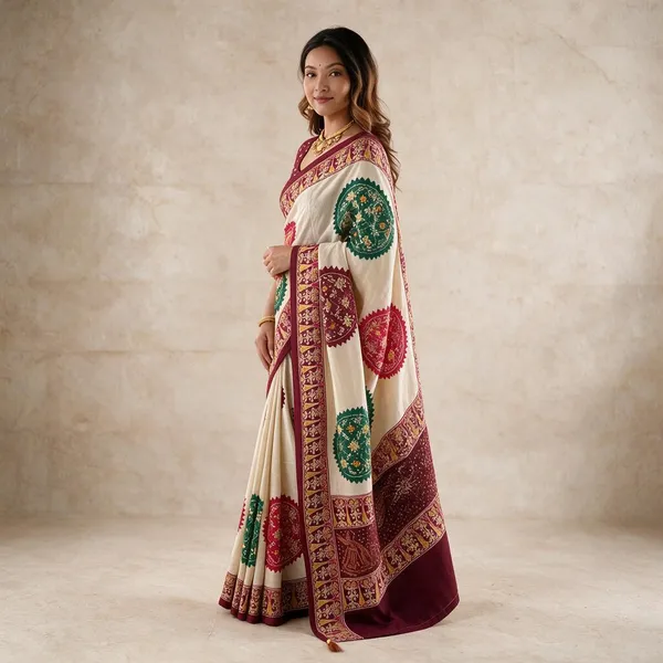 Ivory_Cream_&_Wine_Purple_Pure_Modal_Silk_Saree_with_Multicolor_Mandala_Print_and_Heritage_Border