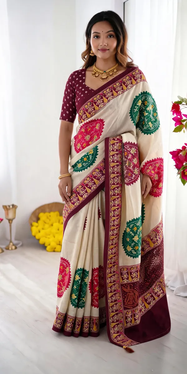 Ivory_Cream_&_Wine_Purple_Pure_Modal_Silk_Saree_with_Multicolor_Mandala_Print_and_Heritage_Border