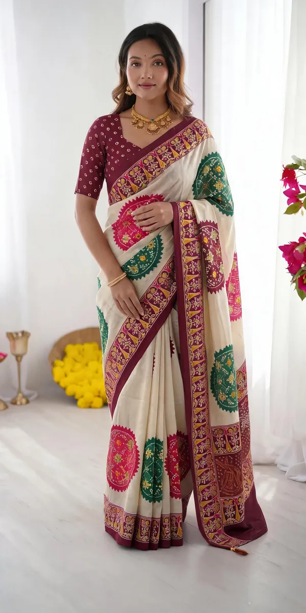 Ivory_Cream_&_Wine_Purple_Pure_Modal_Silk_Saree_with_Multicolor_Mandala_Print_and_Heritage_Border