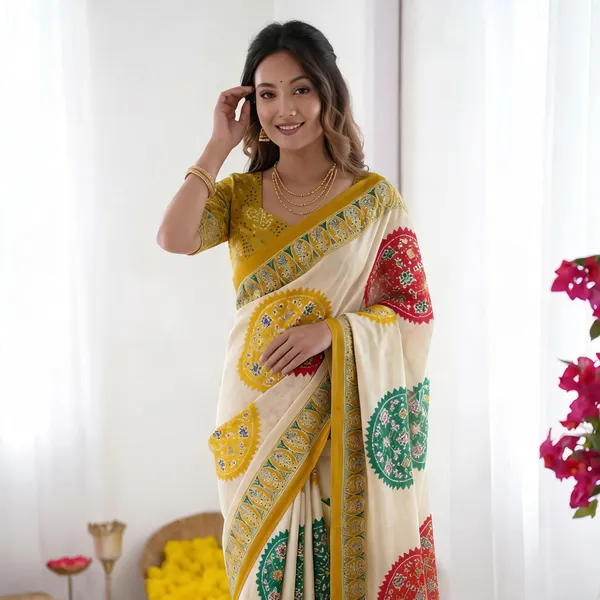Ivory_White_&_Mustard_Yellow_Pure_Modal_Silk_Saree_with_Multicolor_Mandala_Print_&_Heritage_Designer_Pallu
