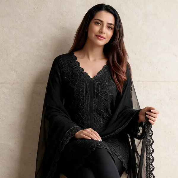 Black_Georgette_Chikankari_Embroidery_Kurta_With_Pant_And_Dupatta_For_Women