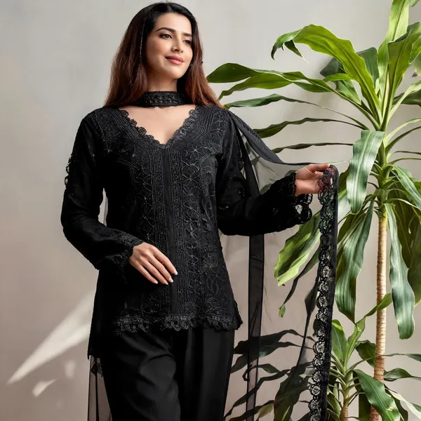 Black_Georgette_Chikankari_Embroidery_Kurta_With_Pant_And_Dupatta_For_Women