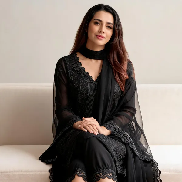 Black_Georgette_Chikankari_Embroidery_Kurta_With_Pant_And_Dupatta_For_Women