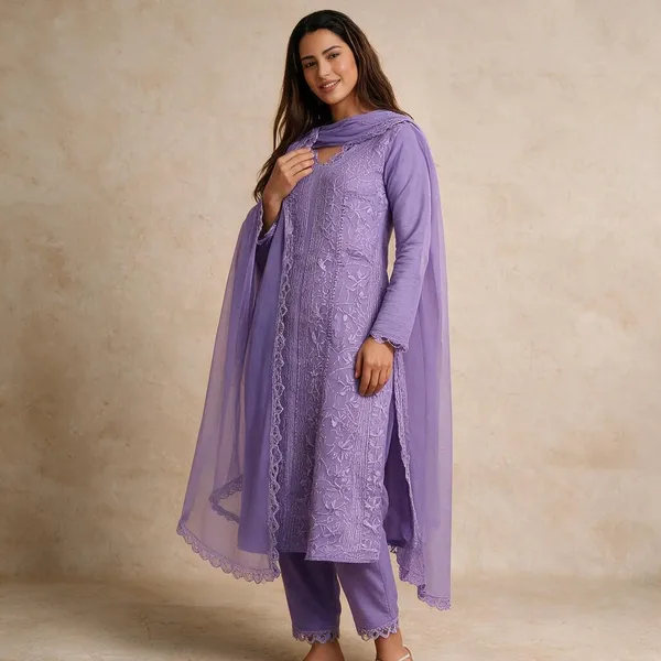 Lavender_Georgette_Chikankari_Embroidery_Kurta_With_Pant_And_Dupatta_For_Women