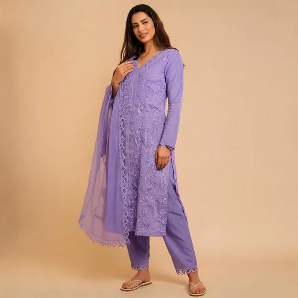 Lavender_Georgette_Chikankari_Embroidery_Kurta_With_Pant_And_Dupatta_For_Women