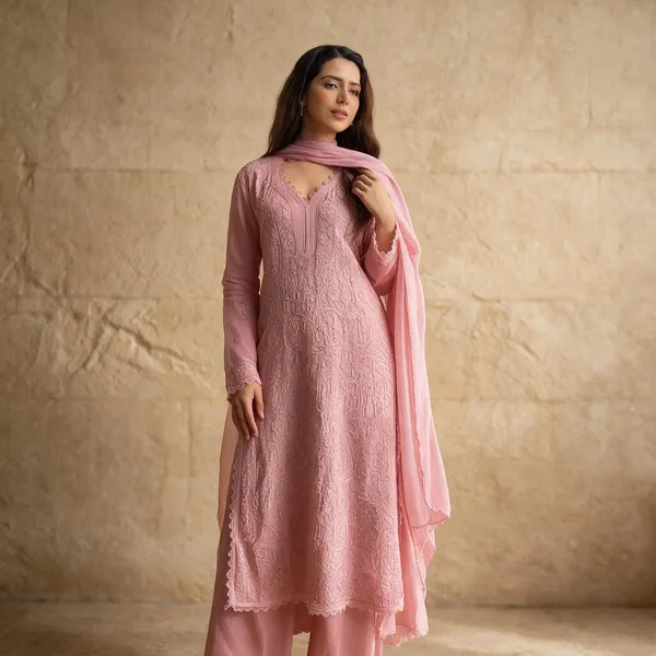 Pastel_Pink_Georgette_Chikankari_Embroidery_Kurta_With_Pant_And_Dupatta_For_Women