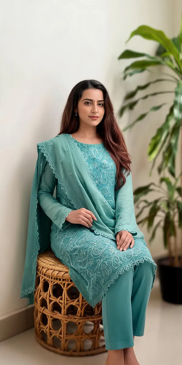 Pastel_Teal_Georgette_Chikankari_Embroidery_Kurta_With_Pant_And_Dupatta_For_Women