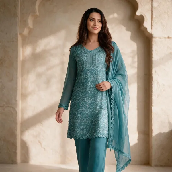 Pastel_Teal_Georgette_Chikankari_Embroidery_Kurta_With_Pant_And_Dupatta_For_Women