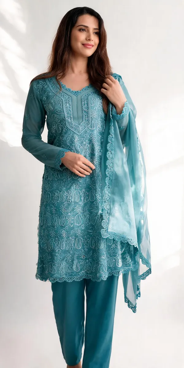 Pastel_Teal_Georgette_Chikankari_Embroidery_Kurta_With_Pant_And_Dupatta_For_Women
