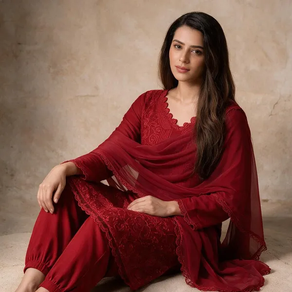 Red_Georgette_Chikankari_Embroidery_Kurta_With_Pant_And_Dupatta_For_Women