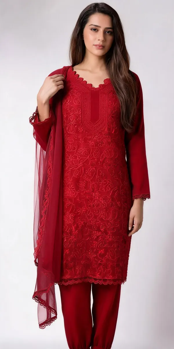 Red_Georgette_Chikankari_Embroidery_Kurta_With_Pant_And_Dupatta_For_Women