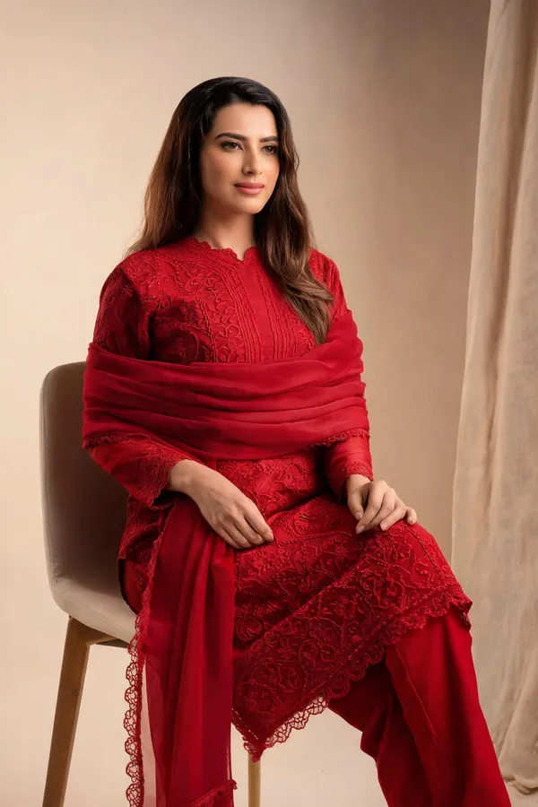 Red_Georgette_Chikankari_Embroidery_Kurta_With_Pant_And_Dupatta_For_Women
