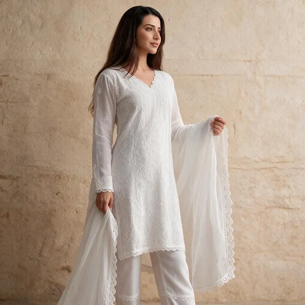 White_Georgette_Chikankari_Embroidery_Kurta_With_Pant_And_Dupatta_For_Women