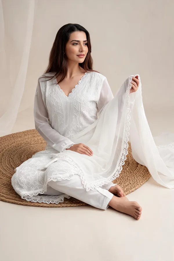 White_Georgette_Chikankari_Embroidery_Kurta_With_Pant_And_Dupatta_For_Women