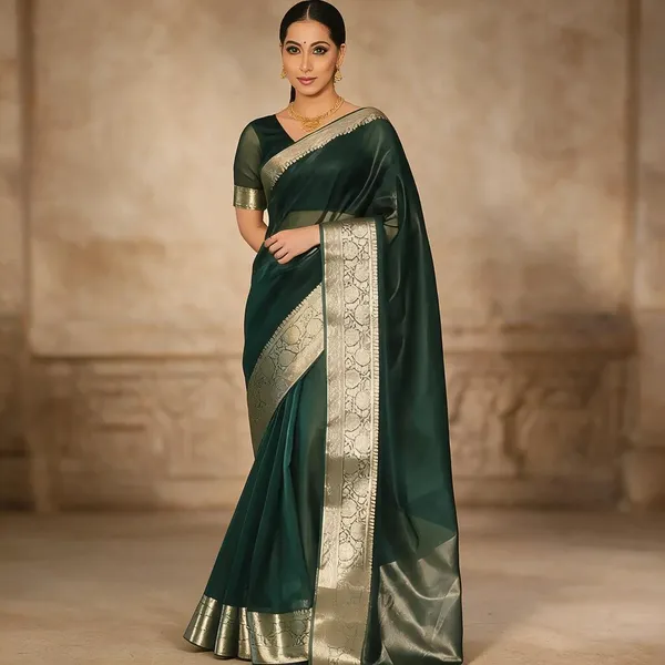 Green_Kanjivaram_Organza_Saree_with_Rich_Zari_Border_|_Traditional_Festive_Wear