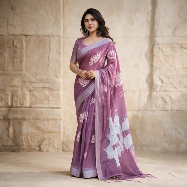 Purple_Soft_Linen_Cotton_Printed_Saree