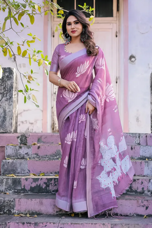 Purple_Soft_Linen_Cotton_Printed_Saree