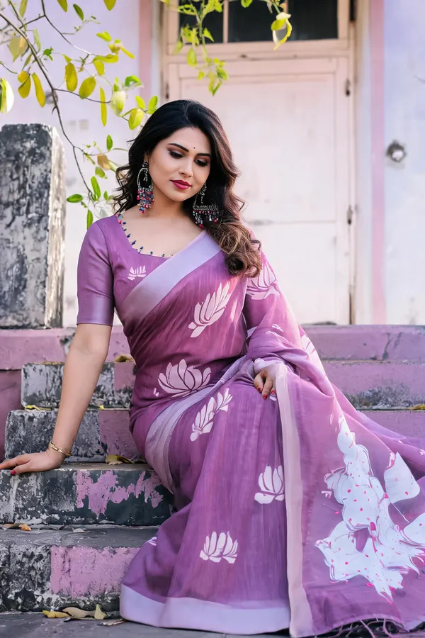 Purple_Soft_Linen_Cotton_Printed_Saree