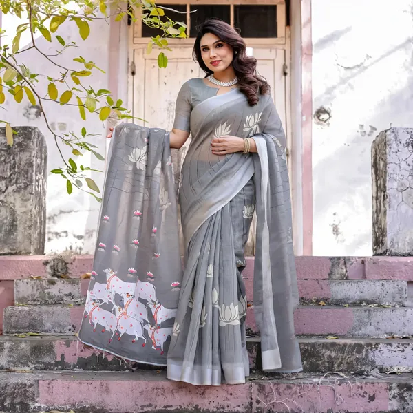 Grey_Linen_Saree_with_Lotus_&_Cow_Motif_Print